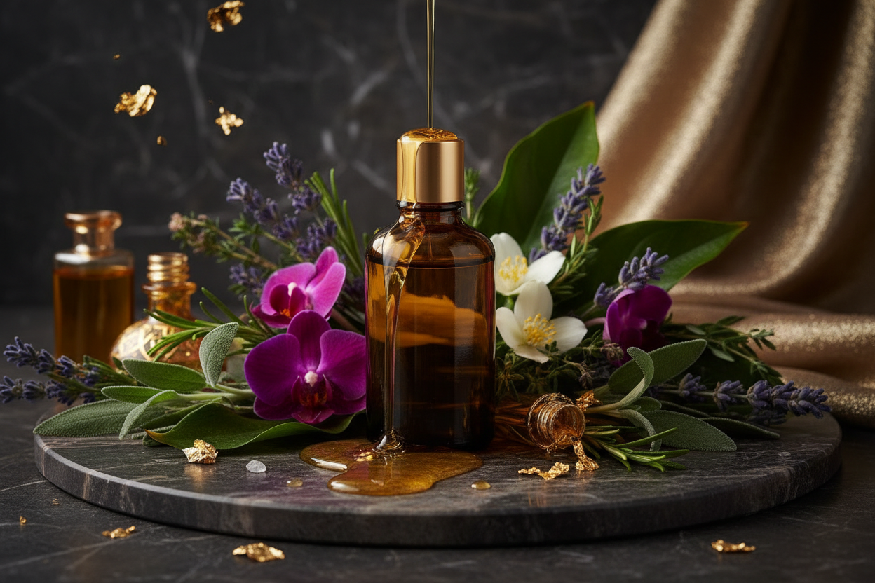 Luxury oil fragrance bottle with botanical ingredients